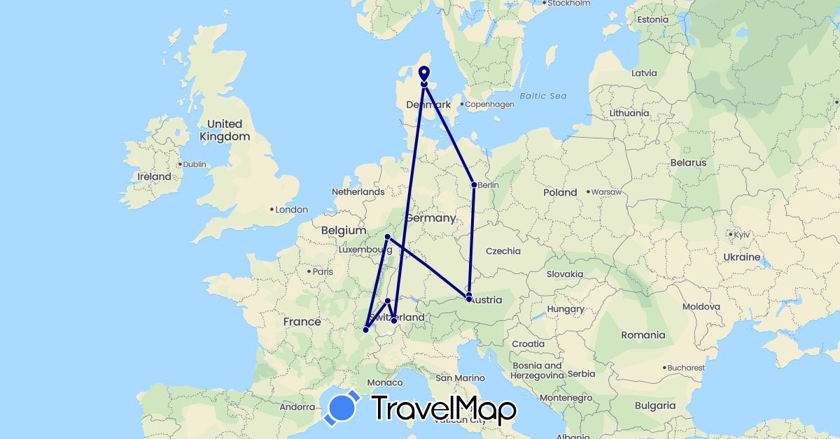 TravelMap itinerary: driving in Austria, Switzerland, Germany, Denmark (Europe)